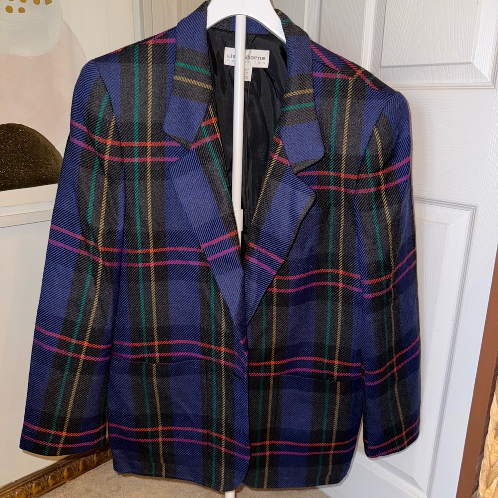 Vintage Liz Claiborne Navy Plaid Blazer with Pink & Green Accents